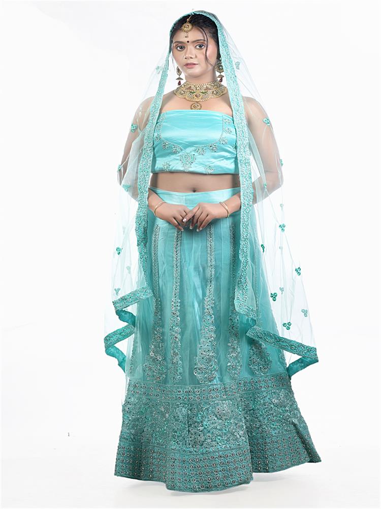 TURQUOISE GREEN COLOR STONE EMBROIDERY WORK LEHENGA CHOLI