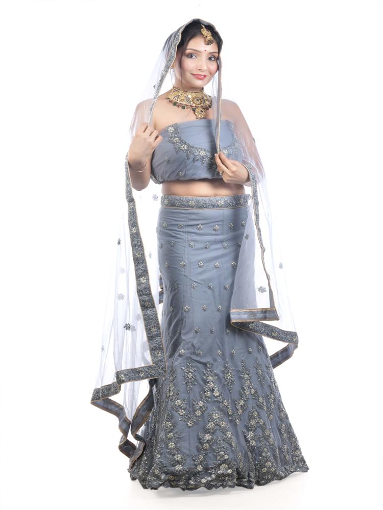 STEEL GREY EMBROIDERY WORK LEHENGA CHOLI