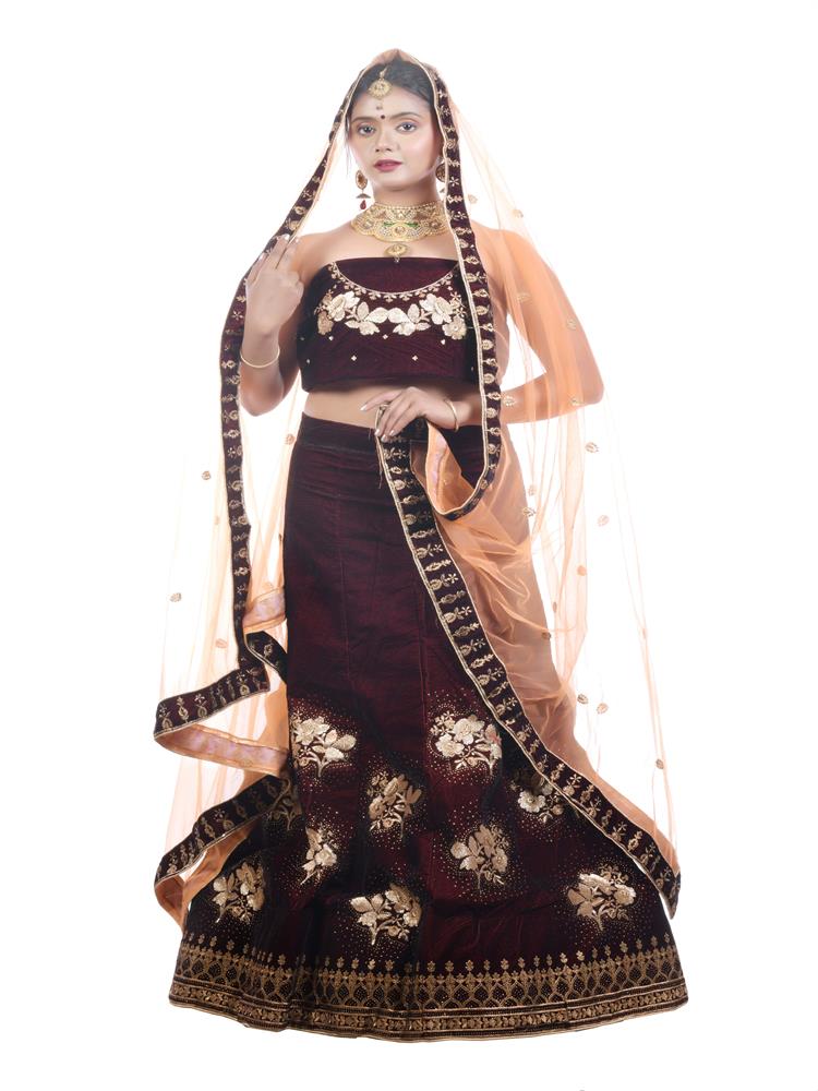 WINE COLOR EMBROIDERY WORK LEHENGA CHOLI