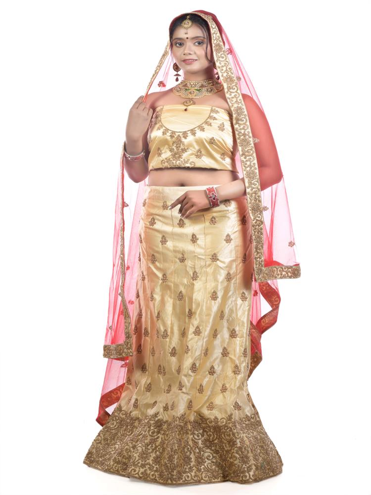 FLAX GOLDEN COLOR WITH PEARL EMBROIDERY WORK LEHENGA CHOLI